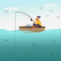 Fisherman with fishing rod on the boat. Sea scenery with fisher catching fish for kids book. A man with beard enjoying leisure time in nature. Colorful flat vector cartoon illustration.