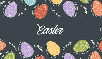 Festive banner template with trendy outlined geometric pattern on Easter Eggs. Decorative horizontal stripe from eggs with leaves on white background. Vector poster for spring holiday celebration.