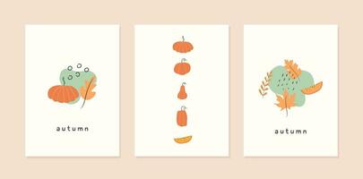 Set of autumn mood greeting cards and poster templates. Fall season minimal wall art. Twigs with leaves, foliage, berries, pumpkins, vases, abstract shapes. Vector postcards in simple flat style.