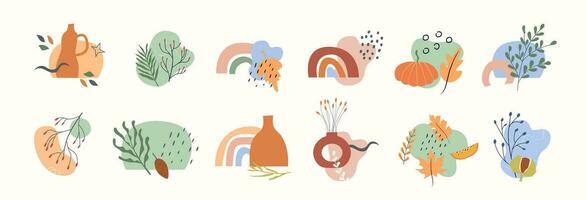 Set of clay vases with potted dry plants, leaves, branches with berries and abstract geometric shape. Autumn mood trendy boho design elements. Fall season organic minimal wall art. Vector illustration
