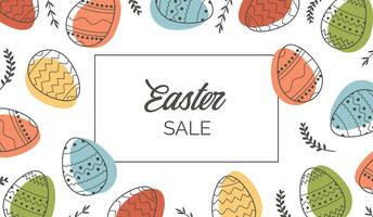 Festive banner template with trendy outlined geometric pattern on Easter Eggs. Decorative horizontal stripe from eggs with leaves on white background. Vector poster for spring holiday celebration.