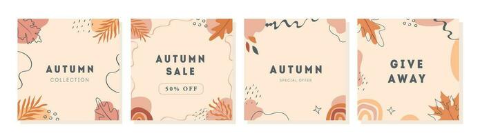 Set of vector minimal cards with abstract shapes, pumpkin and autumnal leaves. Autumn sale trendy post templates for social media. Modern square banners with copy space for text. Flat Illustration.