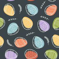 Seamless vector pattern of decorated Easter eggs and abstract floral elements on dark black background. Festive trendy outlined geometric pastel patterns with white line. Flat holiday print web design