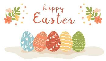 Festive banner template with trendy outlined geometric pattern on Easter Eggs. Decorative horizontal stripe from eggs with leaves on white background. Vector poster for spring holiday celebration