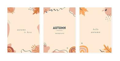 Bohemian Autumn mood botanical instagram story templates. Set of modern fall season vertical cards or banners with forest foliage and abstract geometrical shapes. Vector background for social media.