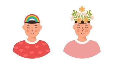 Set of people. Flowers and rainbow in head. Positive thinking, self care, spiritual healthy slow life. Falling in love. Meditation, mindfulness. Hippie. Gay. Mental health concept. Vector illustration