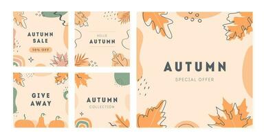 Set of vector minimal cards with abstract shapes, pumpkin and autumnal leaves. Autumn sale trendy post templates for social media. Modern square banners with copy space for text. Flat Illustration.