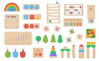 Vector Set of Montessori games. Children wooden eco friendly logic toys for preschool kids. Playthings for baby development. Collection of various element for entertainment and educational games.