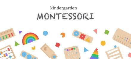 Vector Banner for school or kindergarden. Children wooden eco friendly educational toys and busy boards for preschool kids. Colorful blocks on Poster for alternative education.