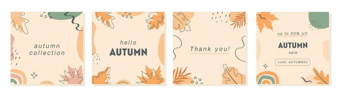 Set of vector minimal cards with abstract shapes, pumpkin and autumnal leaves. Autumn sale trendy post templates for social media. Modern square banners with copy space for text. Flat Illustration.