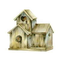 acuarela de madera pájaro casa con de madera techo ilustración. mano dibujado primavera, rústico, boho, acogedor primavera decoración. invitación, saludo tarjeta ,etiqueta,embalaje diseño vector