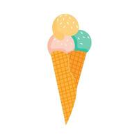 A waffle cone with various fruit ice cream scoops. Green, yellow and pink gelato or sorbet. Vector illustration in flat cartoon style isolated on white.
