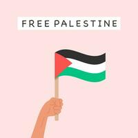 People holding a placard with caption Free Palestine. Concept of war between Israel and Gaza. Fight for Palestinian freedom. Banner Vector Card in flat cartoon style.