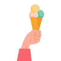 A waffle cone with various fruit ice cream scoops. Green, yellow and pink gelato or sorbet. Vector illustration in flat cartoon style isolated on white.