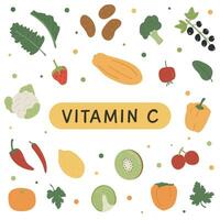 alto vitamina C comida fuentes para sano dieta. un información tarjeta con más alto vitaminas C vegetales y frutas dietético orgánico nutrición. vector ilustración conjunto en plano estilo en blanco antecedentes.