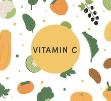 alto vitamina C comida fuentes para sano dieta. un información tarjeta con más alto vitaminas C vegetales y frutas dietético orgánico nutrición. vector ilustración conjunto en plano estilo en blanco antecedentes.