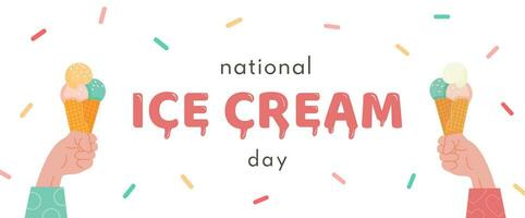 Happy National Ice Cream Day horizontal banner. A waffle cone with various fruit ice cream scoops. Gelato or sorbet in hand. Vector square banner in flat cartoon style.