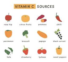 High Vitamin C food sources for healthy diet. An information card with highest vitamins C vegetables and fruits. Dietetic organic nutrition. Vector illustration set in flat style on white background.