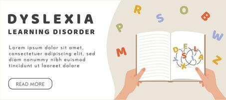 Dyslexia concept. A person hands holding a book. Failing to read. Learning disability. Confused, entangled words and letters. Vector illustration in flat style.