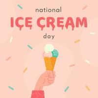 Happy National Ice Cream Day horizontal banner. A waffle cone with various fruit ice cream scoops. Gelato or sorbet in hand. Vector square banner in flat cartoon style.
