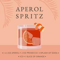 Aperol Spritz Cocktail recipe. Classical Summer Alcoholic Beverage in glass with ice and orange slice with tropical palm shadow. Italian aperitif on rocks with citrus peel. Vector flat illustration.