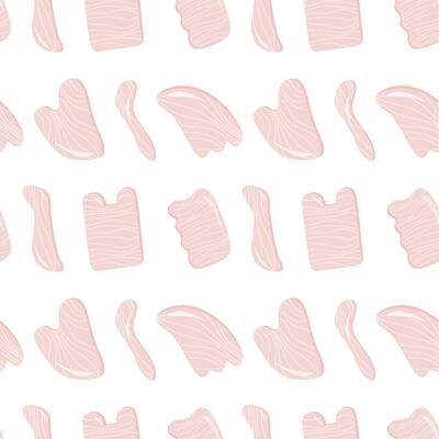 Seamless pattern with Rose Quartz Gua Sha and Jade Scraping Massage tool. Natural pink scraper and green stone roller in different shapes. Trendy skin care. Vector flat style background.