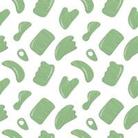 Seamless pattern with Rose Quartz Gua Sha and Jade Scraping Massage tool. Natural pink scraper and green stone roller in different shapes. Trendy skin care. Vector flat style background.