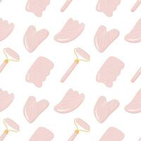 Seamless pattern with Rose Quartz Gua Sha and Jade Scraping Massage tool. Natural pink scraper and green stone roller in different shapes. Trendy skin care. Vector flat style background.