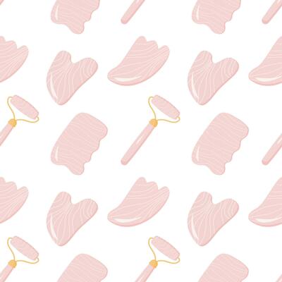 Seamless pattern with Rose Quartz Gua Sha and Jade Scraping Massage tool. Natural pink scraper and green stone roller in different shapes. Trendy skin care. Vector flat style background.