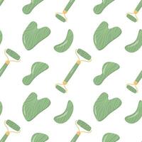 Seamless pattern with Rose Quartz Gua Sha and Jade Scraping Massage tool. Natural pink scraper and green stone roller in different shapes. Trendy skin care. Vector flat style background.