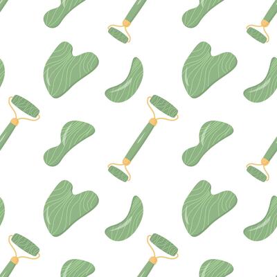 Seamless pattern with Rose Quartz Gua Sha and Jade Scraping Massage tool. Natural pink scraper and green stone roller in different shapes. Trendy skin care. Vector flat style background.