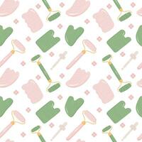 Seamless pattern with Rose Quartz Gua Sha and Jade Scraping Massage tool. Natural pink scraper and green stone roller in different shapes. Trendy skin care. Vector flat style background.