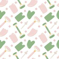 Seamless pattern with Rose Quartz Gua Sha and Jade Scraping Massage tool. Natural pink scraper and green stone roller in different shapes. Trendy skin care. Vector flat style background.