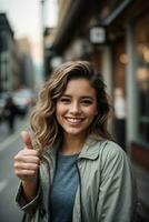 AI generated Happy young woman with thumbs up photo