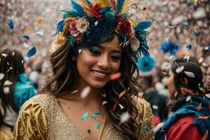 ai generado un persona en un carnaval máscara rodeado por papel picado foto