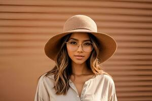 ai generado retrato de joven elegante niña modelo en casual verano ropa en marrón sombrero con natural maquillaje en lentes aislar foto