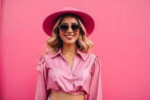 AI generated happy lady in stylish skirt and boater posing on pink wall photo