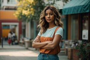 AI generated Young woman standing with her arms crossed photo