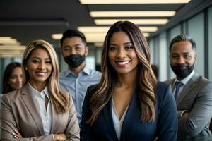 AI generated Smiling confident business leader looking at camera and standing in an office at team meeting photo