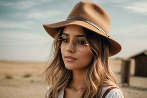 ai generado retrato de joven elegante niña modelo en casual verano ropa en marrón sombrero con natural maquillaje en lentes aislar foto