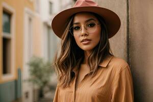 ai generado retrato de joven elegante niña modelo en casual verano ropa en marrón sombrero con natural maquillaje en lentes aislar foto