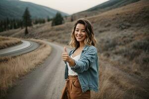 AI generated Happy young woman with thumbs up photo