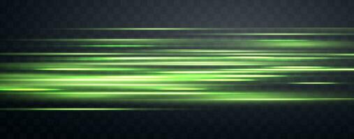 Speed rays, velocity light neon flow, zoom in motion effect, green glow speed lines, colorful light trails, stripes. Abstract background, vector illustration.