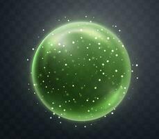 Green magic fantasy sphere. Crystal ball with glowing sparkles and particles. Energy orb with glow flare light effect. Vector illustration.