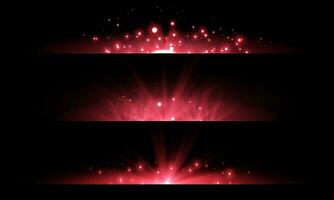 Red horizontal lensflares set. Light flash with rays or green spotlight. Glow flares light effect. Vector illustration. Isolated on black background.