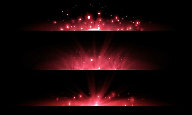 Red horizontal lensflares set. Light flash with rays or green spotlight. Glow flares light effect. Vector illustration. Isolated on black background.