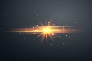 Orange horizontal lensflare. Light flash with rays or spotlight and bokeh. Orange glow flare light effect. Vector illustration.