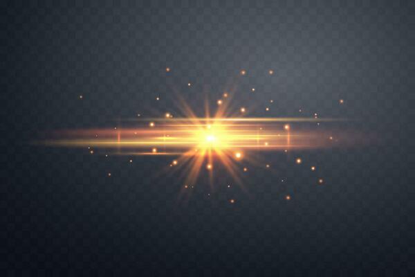 Orange horizontal lensflare. Light flash with rays or spotlight and bokeh. Orange glow flare light effect. Vector illustration.