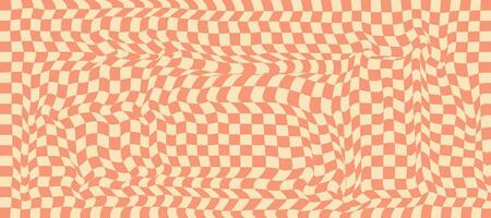 Distorted checkered orange and yellow texture. Psychedelic grid, groovy y2k style. Chessboard aesthetic ornament. Wave retro vector background.