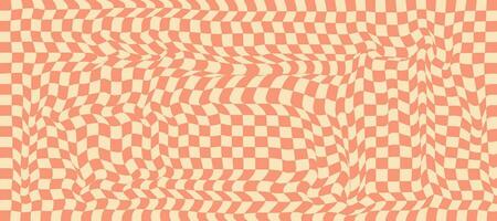 Distorted checkered orange and yellow texture. Psychedelic grid, groovy y2k style. Chessboard aesthetic ornament. Wave retro vector background.